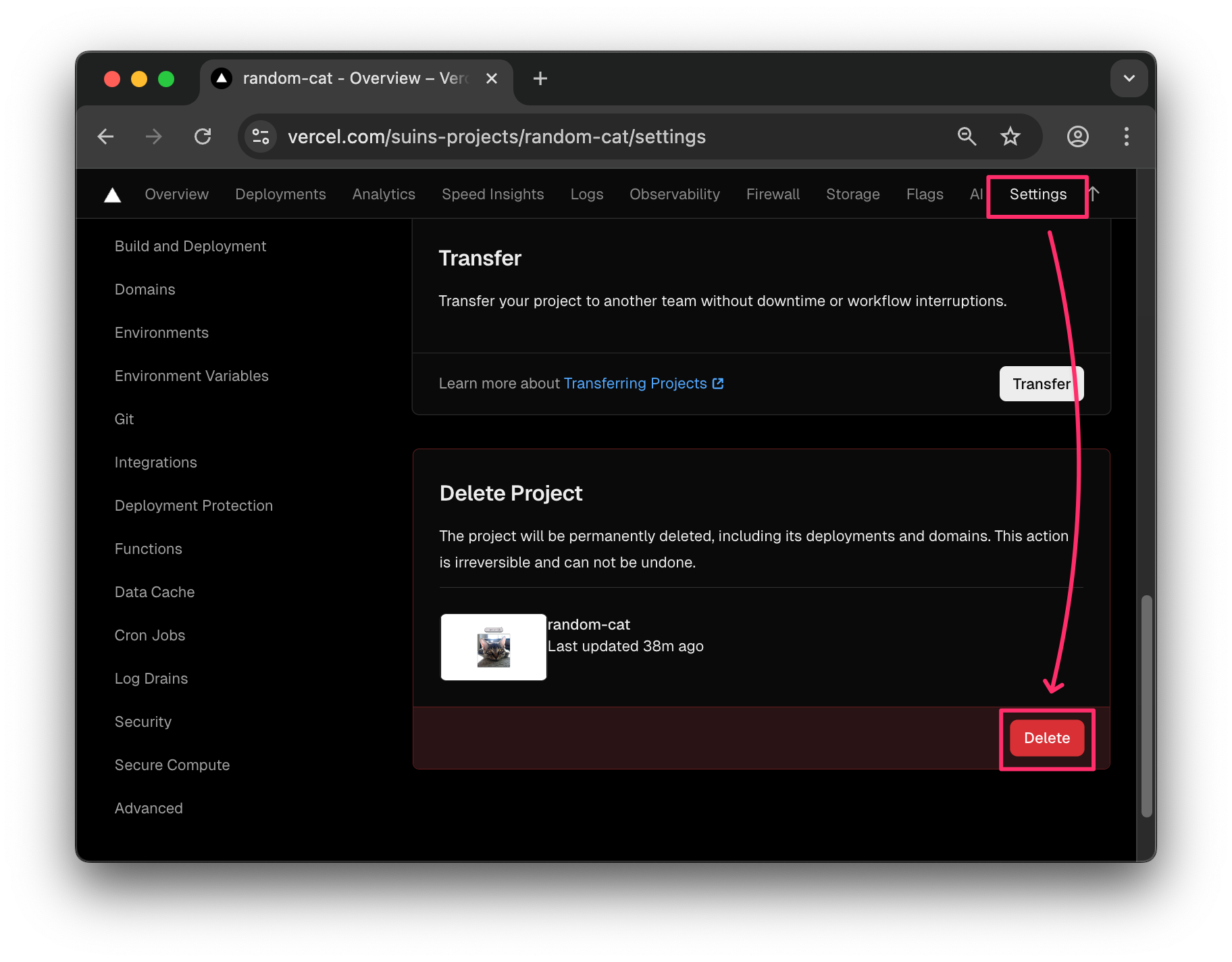 Vercelのプロジェクト設定画面で、「random-cat」プロジェクトの削除セクションが表示されており、赤い「Delete」ボタンが強調されている。上部の「Settings」タブからアクセスされたことを示す矢印付きの注釈がある。